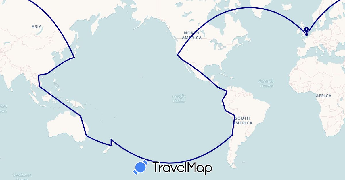 TravelMap itinerary: driving in Australia, Bolivia, Chile, China, Colombia, Costa Rica, Ecuador, United Kingdom, Japan, New Zealand, Peru, United States, Vietnam (Asia, Europe, North America, Oceania, South America)